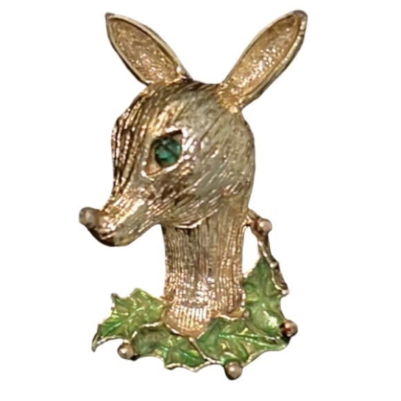Vintage Gold Plated Holiday Christmas Reindeer Brooch W Rhinestone Accent - Picture 1 of 3